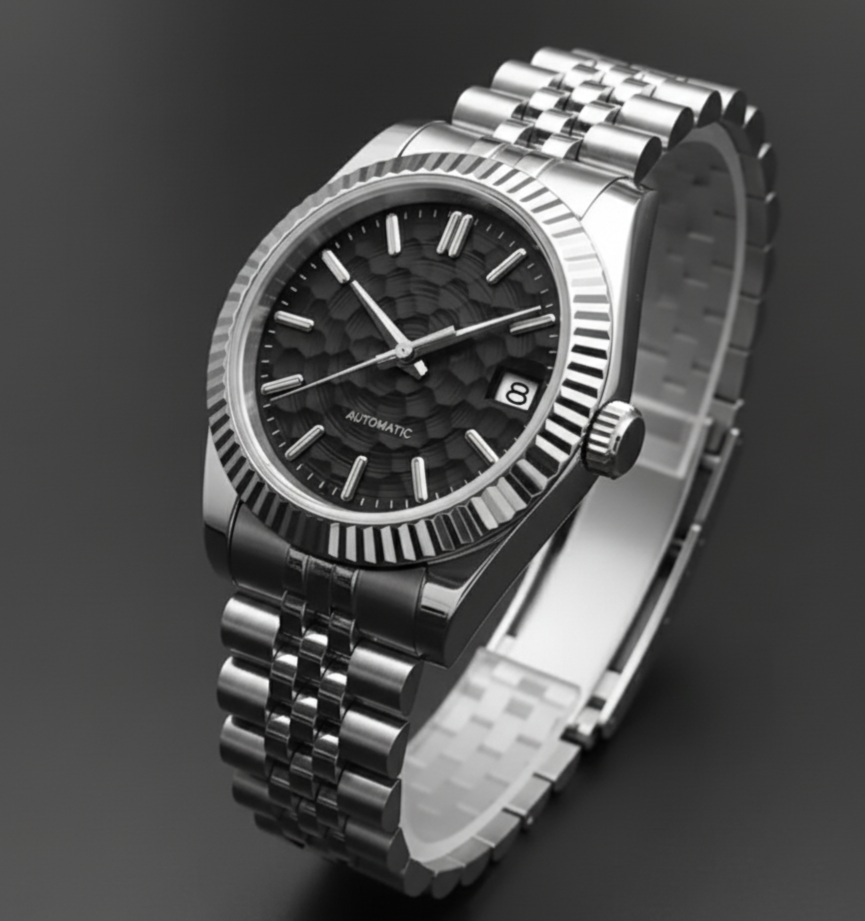 The Artisan Watch, featuring a black textured dial in a 36mm stainless steel case